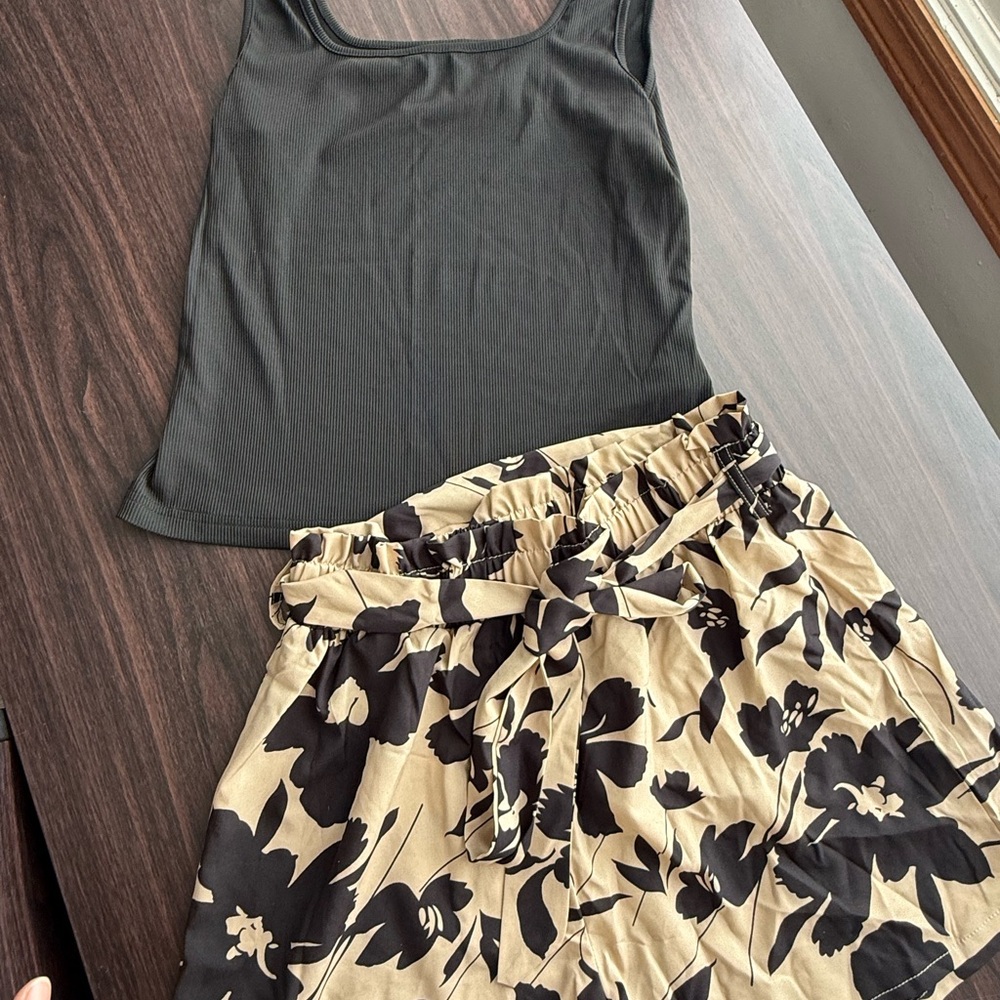 SHEIN Black Tank Top and Floral Tan Shorts Set